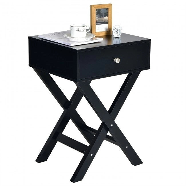 Comodino Nero / Bianco con base a X e cassetto, per 1 persona