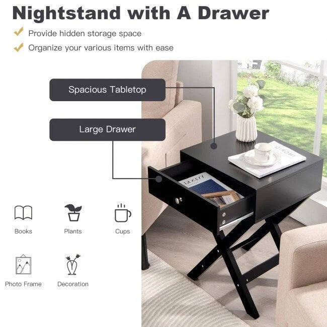 Comodino Nero / Bianco con base a X e cassetto, per 1 persona