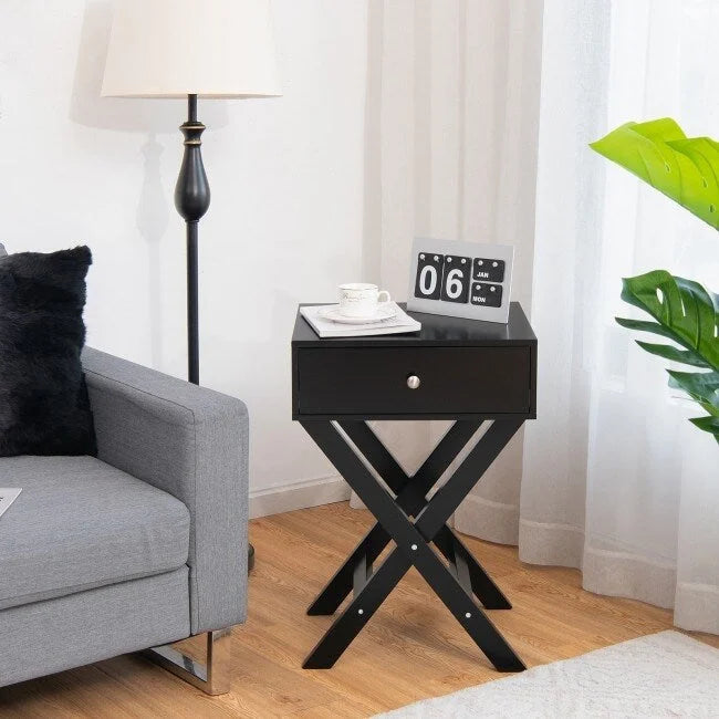 Comodino Nero / Bianco con base a X e cassetto, per 1 persona