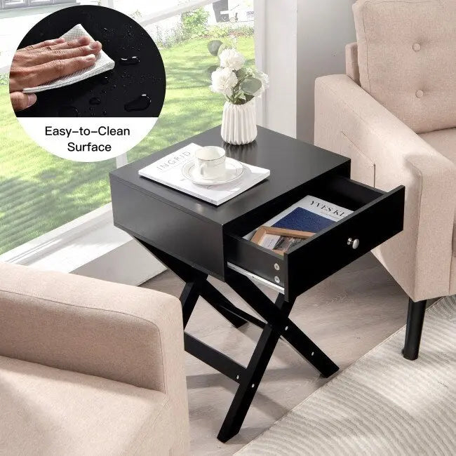 Comodino Nero / Bianco con base a X e cassetto, per 1 persona