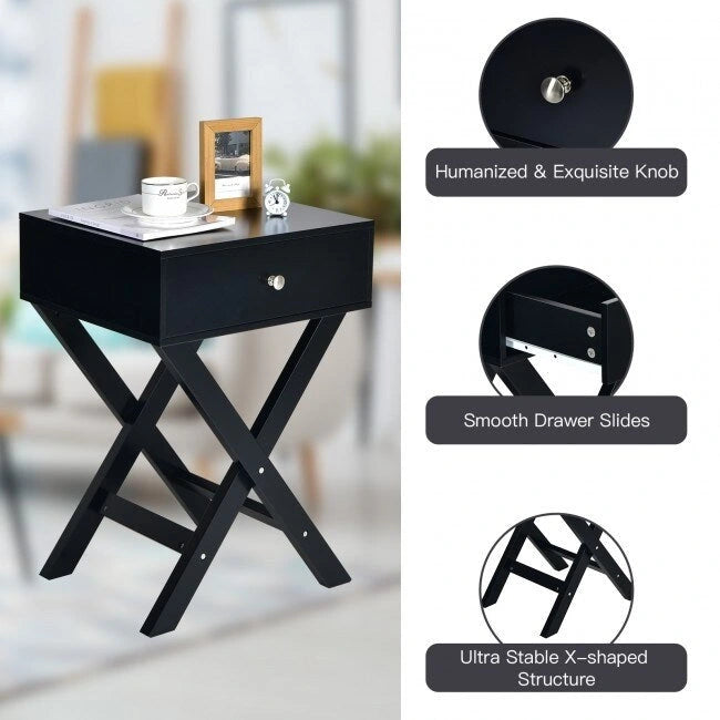 Comodino Nero / Bianco con base a X e cassetto, per 1 persona