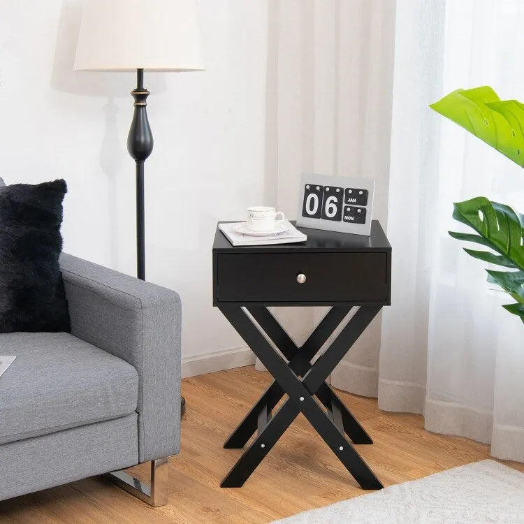 Comodino Nero / Bianco con base a X e cassetto, per 1 persona