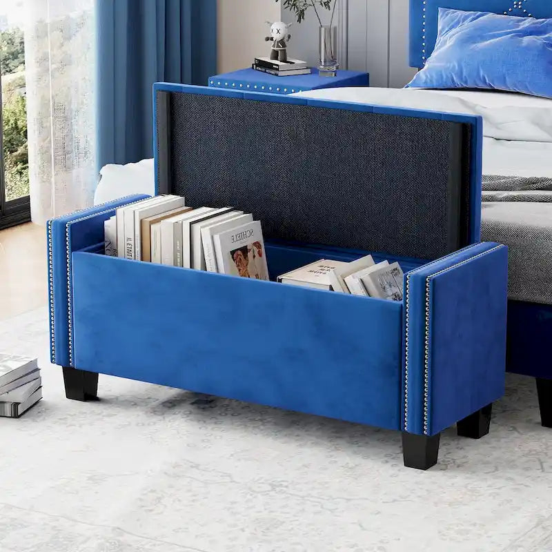 Panca Pouf Contenitore in Velluto Beige/Blu con Rivetti, Seduta per 1 Persona
