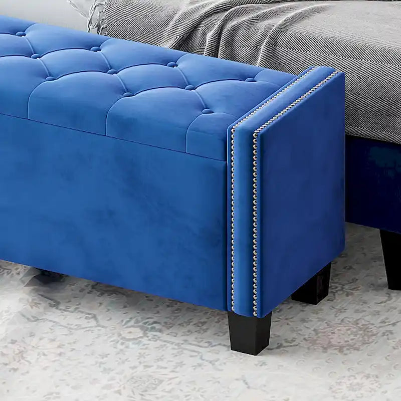 Panca Pouf Contenitore in Velluto Beige/Blu con Rivetti, Seduta per 1 Persona