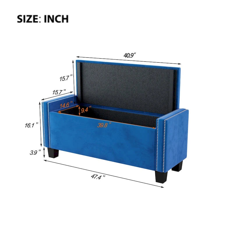 Panca Pouf Contenitore in Velluto Beige/Blu con Rivetti, Seduta per 1 Persona