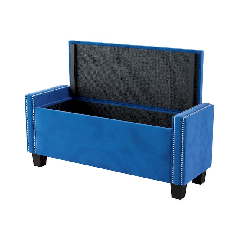 Panca Pouf Contenitore in Velluto Beige/Blu con Rivetti, Seduta per 1 Persona