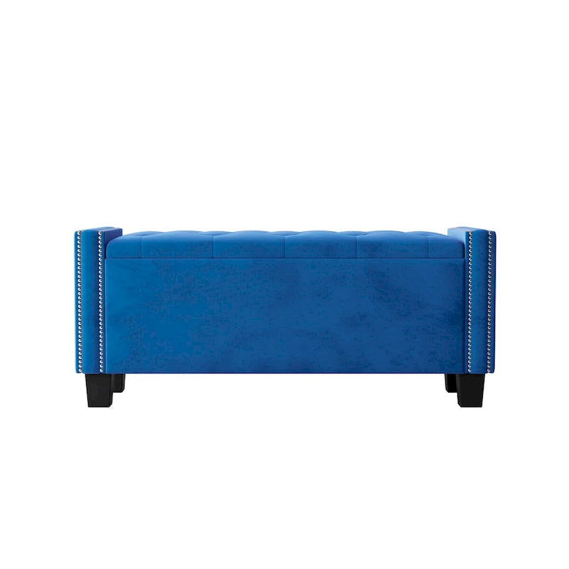 Panca Pouf Contenitore in Velluto Beige/Blu con Rivetti, Seduta per 1 Persona