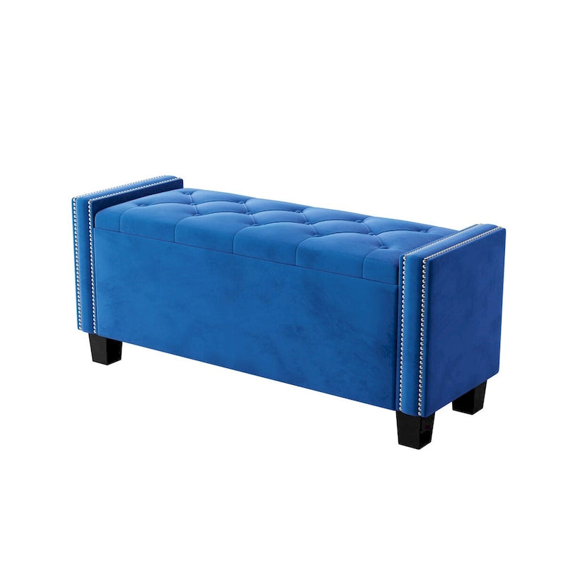 Panca Pouf Contenitore in Velluto Beige/Blu con Rivetti, Seduta per 1 Persona
