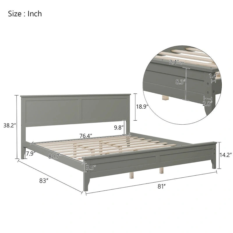 Letto matrimoniale king-size grigio con testiera e pediera, rete a doghe, 1 posto