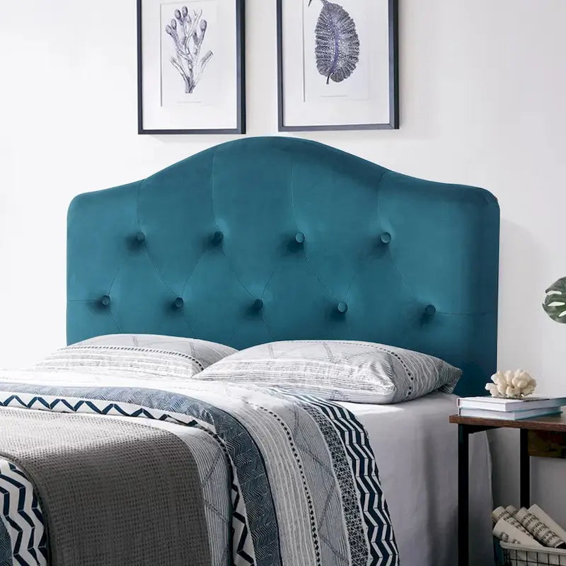 Testiera imbottita Camelback verde/blu con bottoni per letto singolo (1 persona)