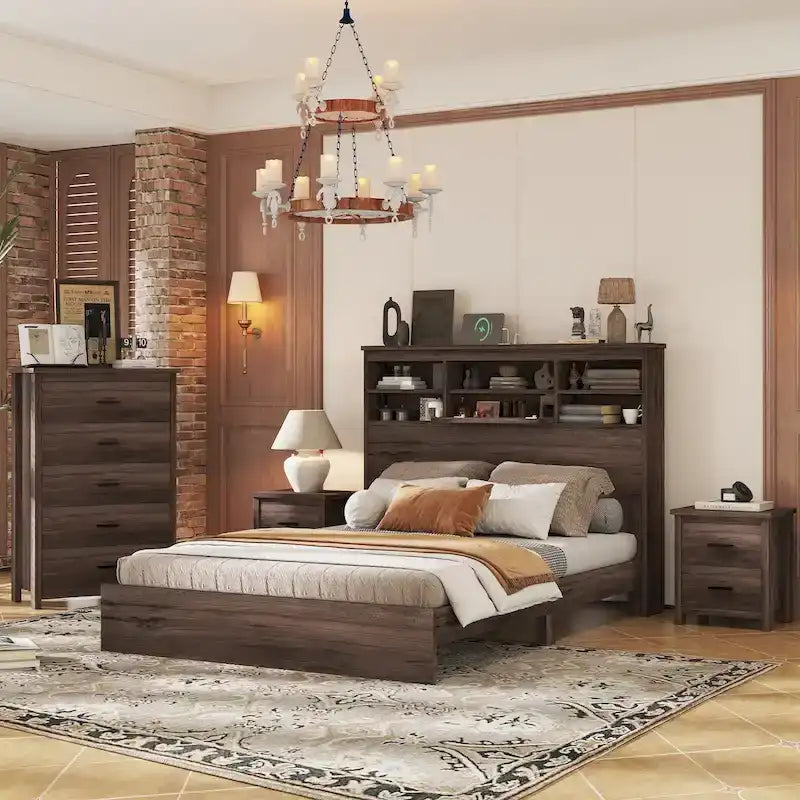 Set camera da letto 4 pezzi queen noce/grigio chiaro – Letto con piattaforma, 2 comodini e cassettiera (per 1-2 persone)