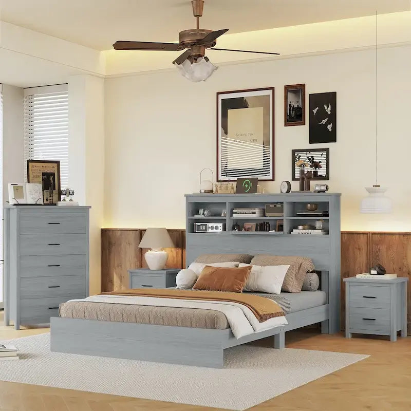 Set camera da letto 4 pezzi queen noce/grigio chiaro – Letto con piattaforma, 2 comodini e cassettiera (per 1-2 persone)