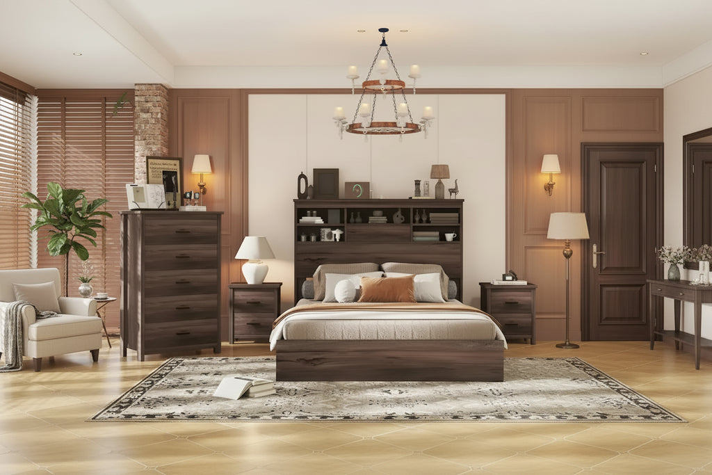 Set camera da letto 4 pezzi queen noce/grigio chiaro – Letto con piattaforma, 2 comodini e cassettiera (per 1-2 persone)