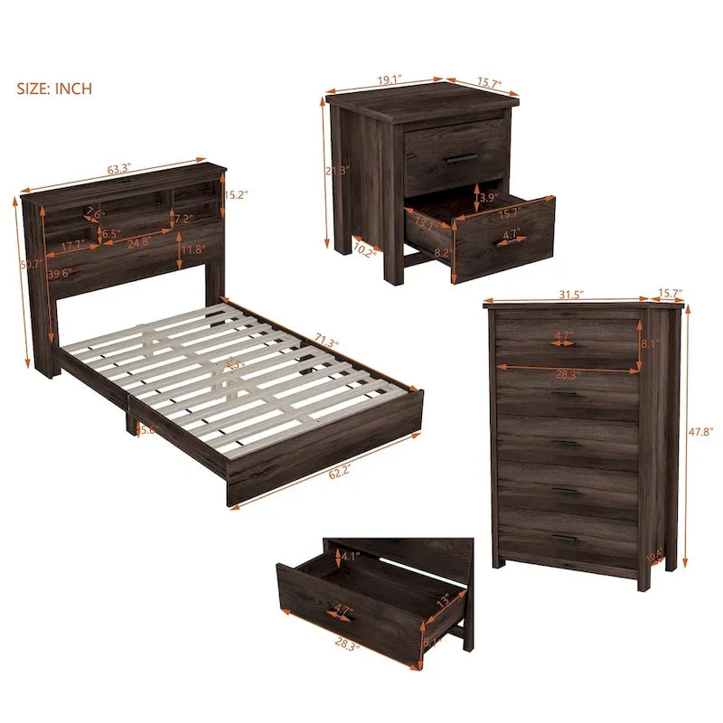 Set camera da letto 4 pezzi queen noce/grigio chiaro – Letto con piattaforma, 2 comodini e cassettiera (per 1-2 persone)