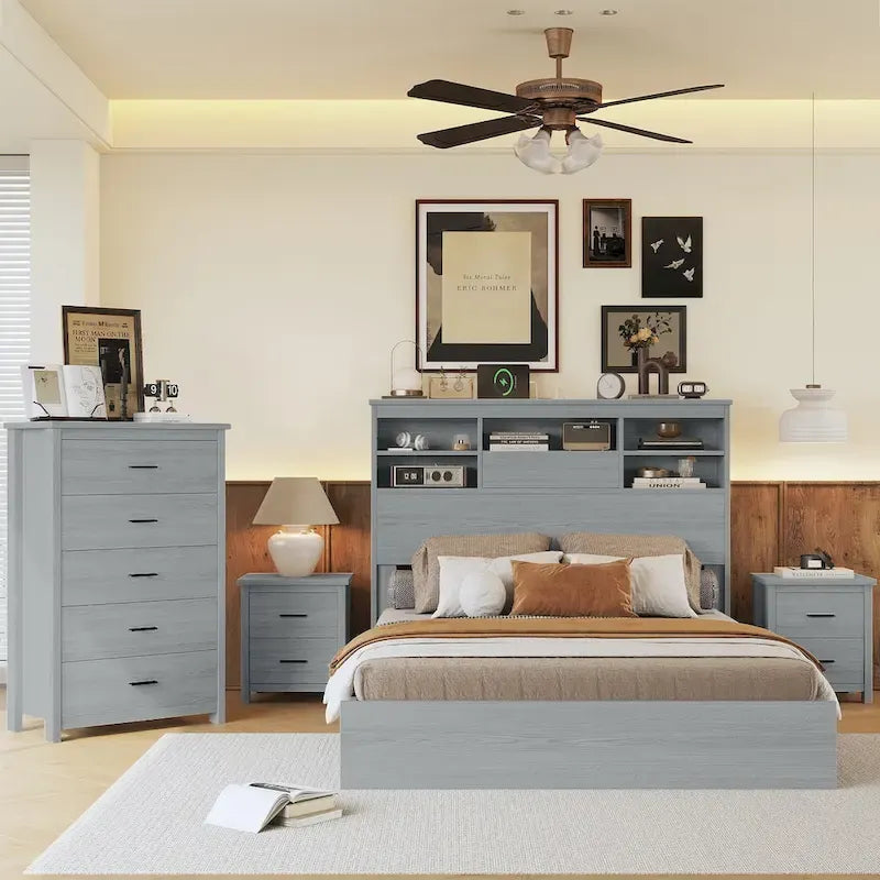 Set camera da letto 4 pezzi queen noce/grigio chiaro – Letto con piattaforma, 2 comodini e cassettiera (per 1-2 persone)