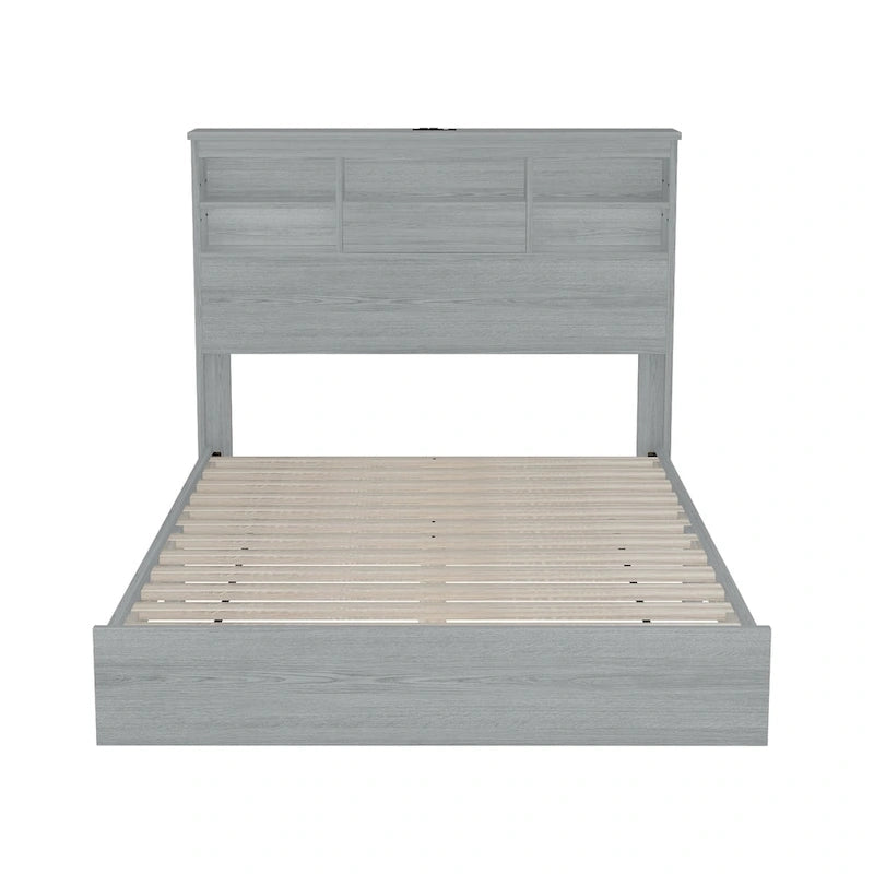 Set camera da letto 4 pezzi queen noce/grigio chiaro – Letto con piattaforma, 2 comodini e cassettiera (per 1-2 persone)