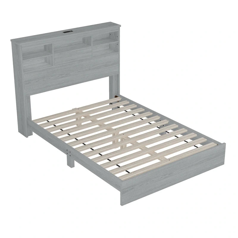 Set camera da letto 4 pezzi queen noce/grigio chiaro – Letto con piattaforma, 2 comodini e cassettiera (per 1-2 persone)