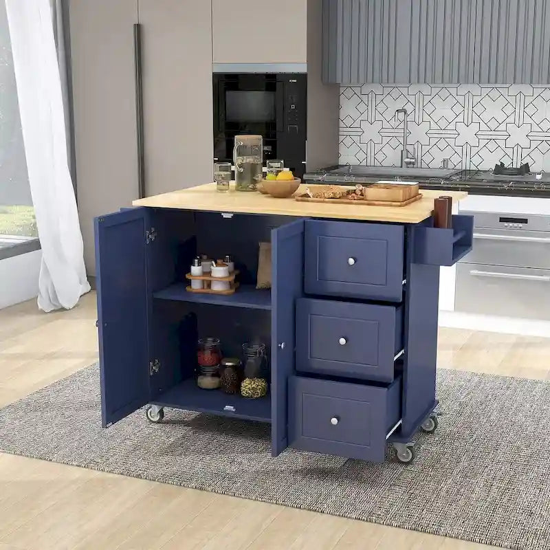 Isola da cucina mobile bianca/blu/nera con anta a ribalta, monoposto