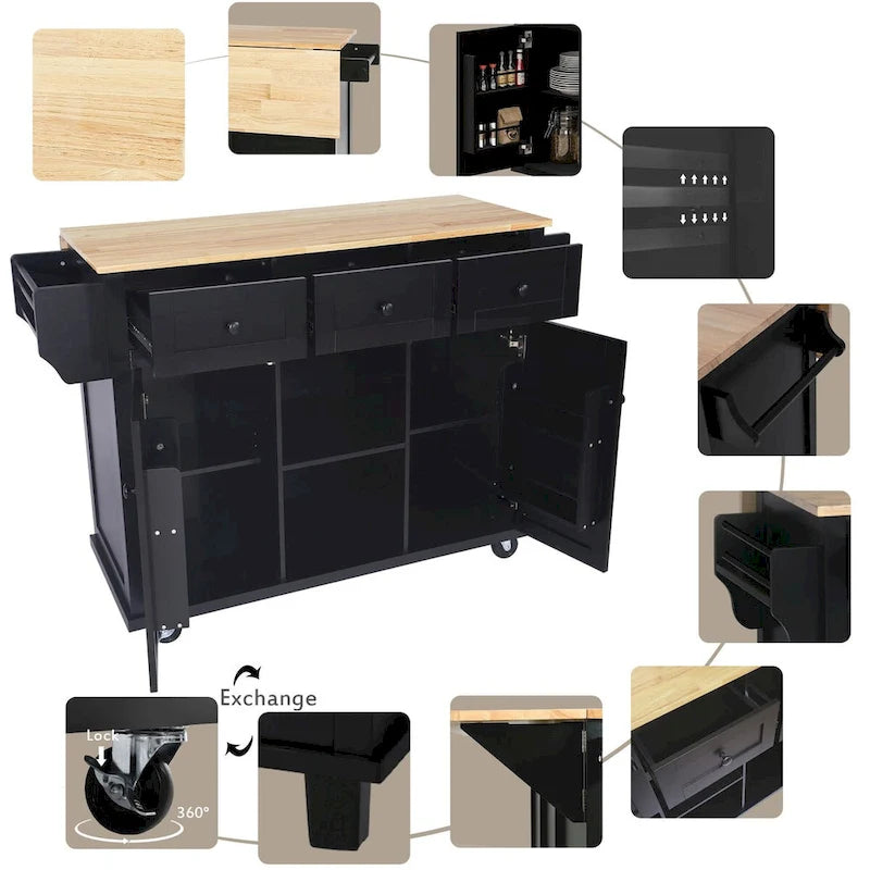 Carrello da Cucina con Isola e Piano a Scomparsa e Spazio Contenitore