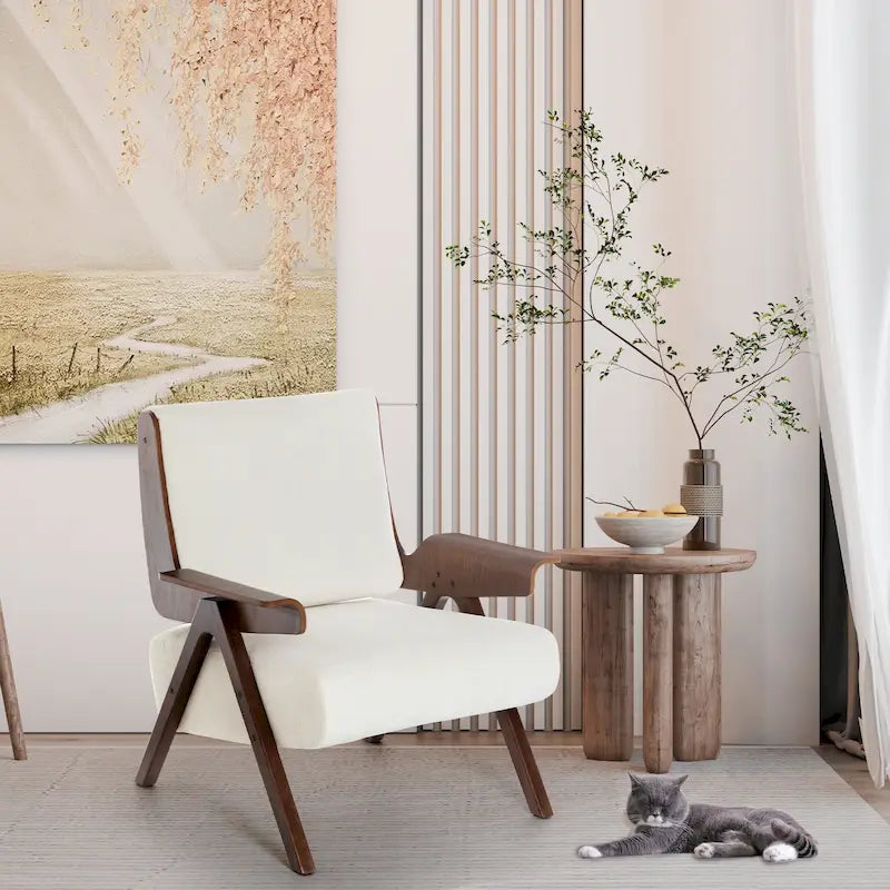 Poltrona di design in tessuto Grigio/Blu/Verde/Bianco/Giallo, stile moderno di metà secolo, seduta singola, gambe in rovere