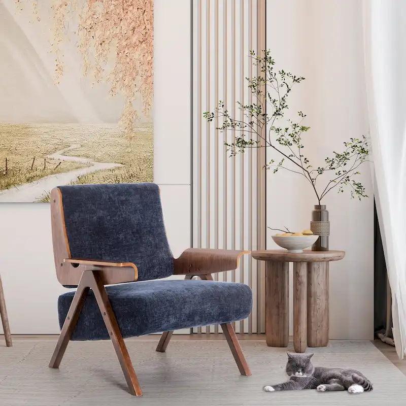 Poltrona di design in tessuto Grigio/Blu/Verde/Bianco/Giallo, stile moderno di metà secolo, seduta singola, gambe in rovere