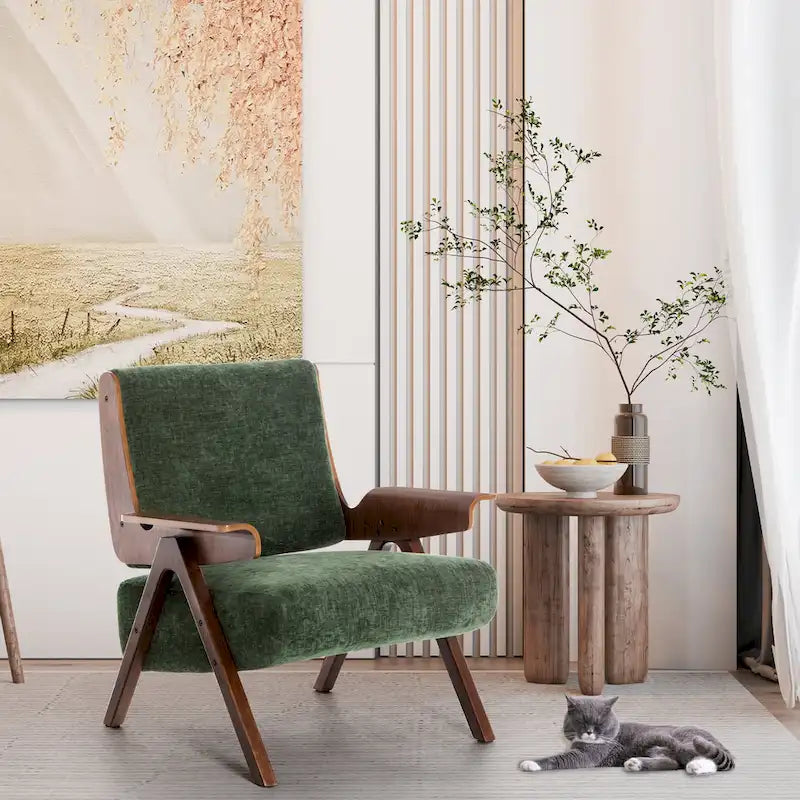 Poltrona di design in tessuto Grigio/Blu/Verde/Bianco/Giallo, stile moderno di metà secolo, seduta singola, gambe in rovere