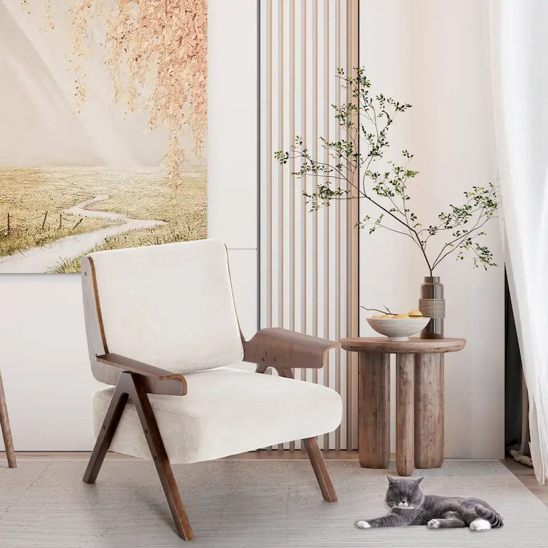 Poltrona di design in tessuto Grigio/Blu/Verde/Bianco/Giallo, stile moderno di metà secolo, seduta singola, gambe in rovere