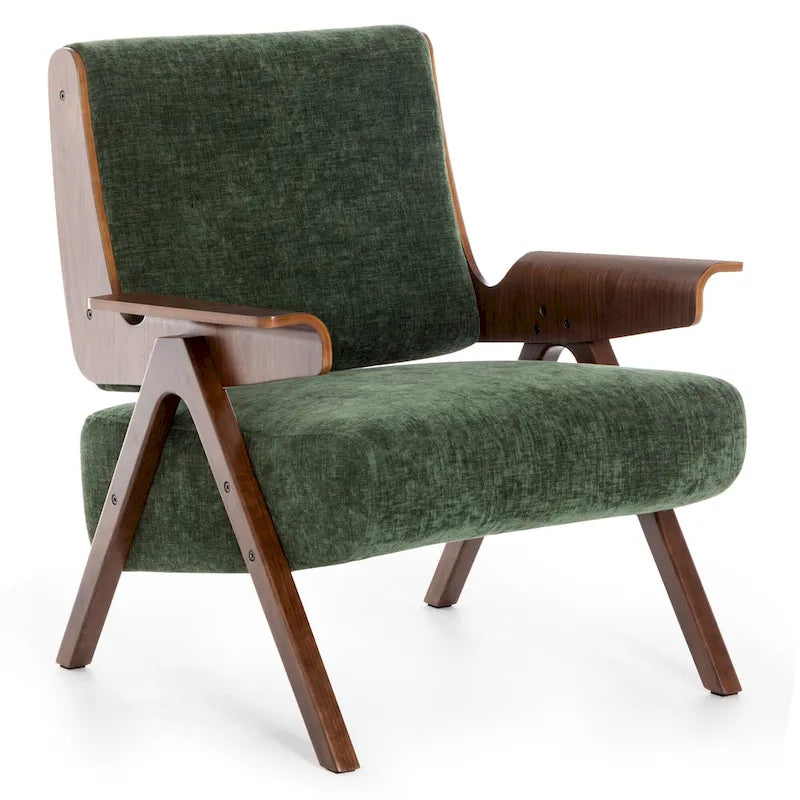 Poltrona di design in tessuto Grigio/Blu/Verde/Bianco/Giallo, stile moderno di metà secolo, seduta singola, gambe in rovere
