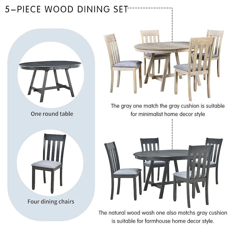 Set tavolo da pranzo allungabile in legno naturale/grigio, stile moderno, 4-5 posti a sedere