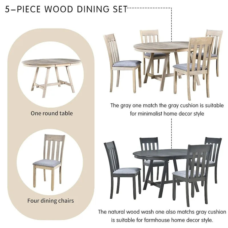 Set tavolo da pranzo allungabile in legno naturale/grigio, stile moderno, 4-5 posti a sedere