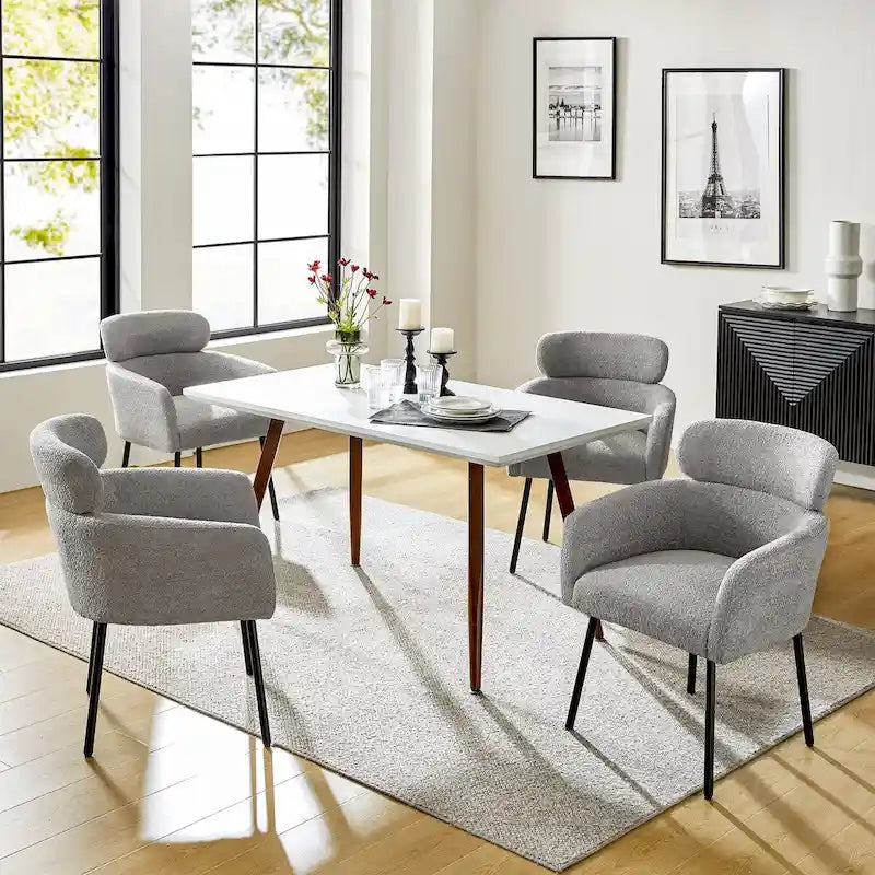 Sedia da pranzo imbottita in Boucle avorio/grigio/nero/salvia con gambe in metallo, set da 4