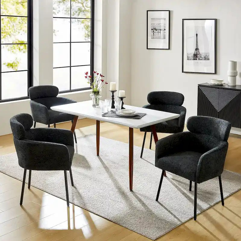 Sedia da pranzo imbottita in Boucle avorio/grigio/nero/salvia con gambe in metallo, set da 4