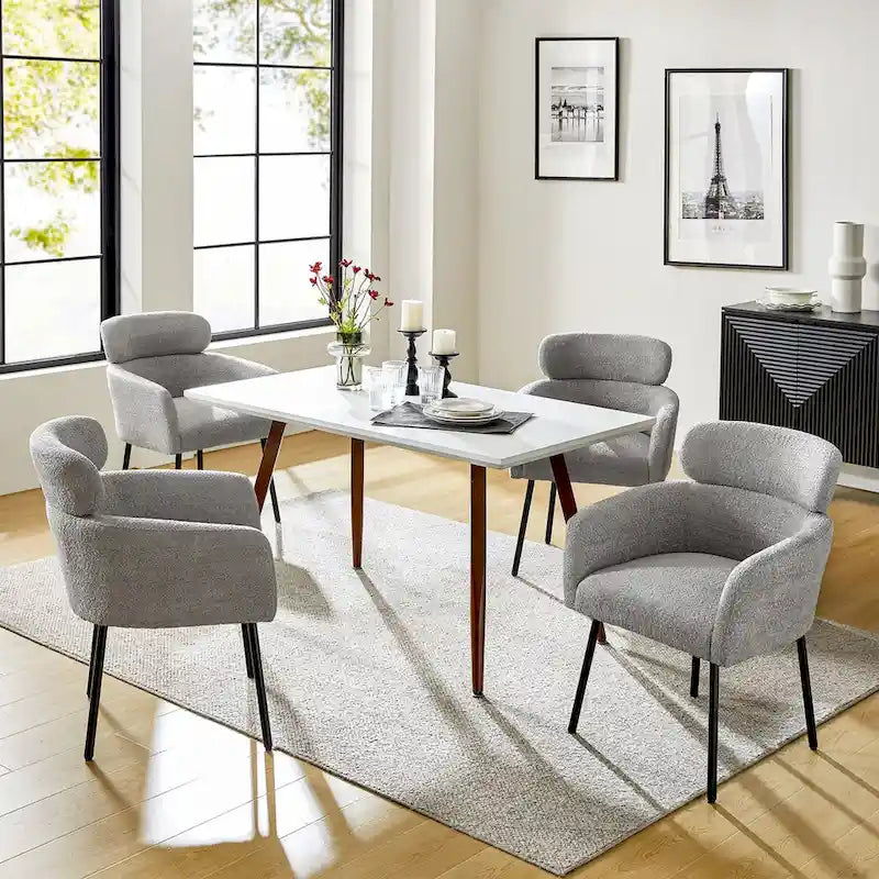 Sedia da pranzo imbottita in Boucle avorio/grigio/nero/salvia con gambe in metallo, set da 4