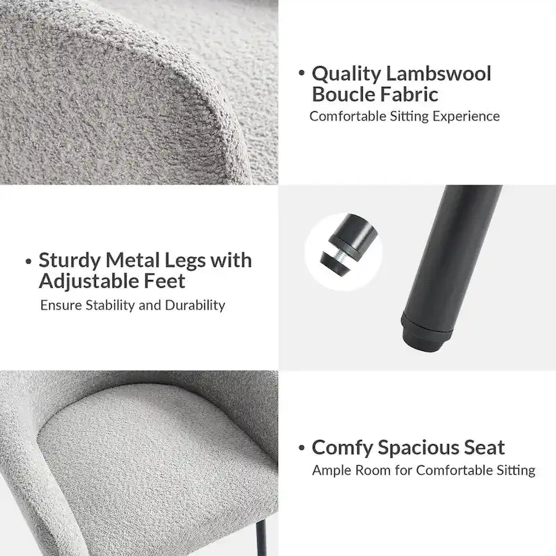 Sedia da pranzo imbottita in Boucle avorio/grigio/nero/salvia con gambe in metallo, set da 4