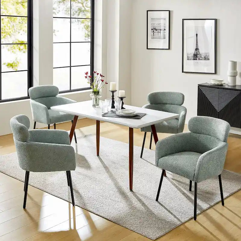 Sedia da pranzo imbottita in Boucle avorio/grigio/nero/salvia con gambe in metallo, set da 4