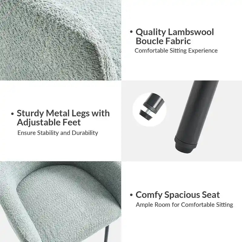 Sedia da pranzo imbottita in Boucle avorio/grigio/nero/salvia con gambe in metallo, set da 4