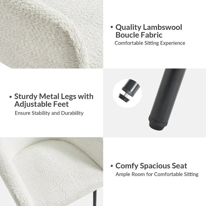 Sedia da pranzo imbottita in Boucle avorio/grigio/nero/salvia con gambe in metallo, set da 4
