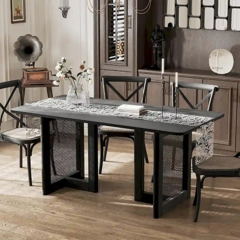 Tavolo da pranzo in rovere con doppio piedistallo, nero, 4-6 posti