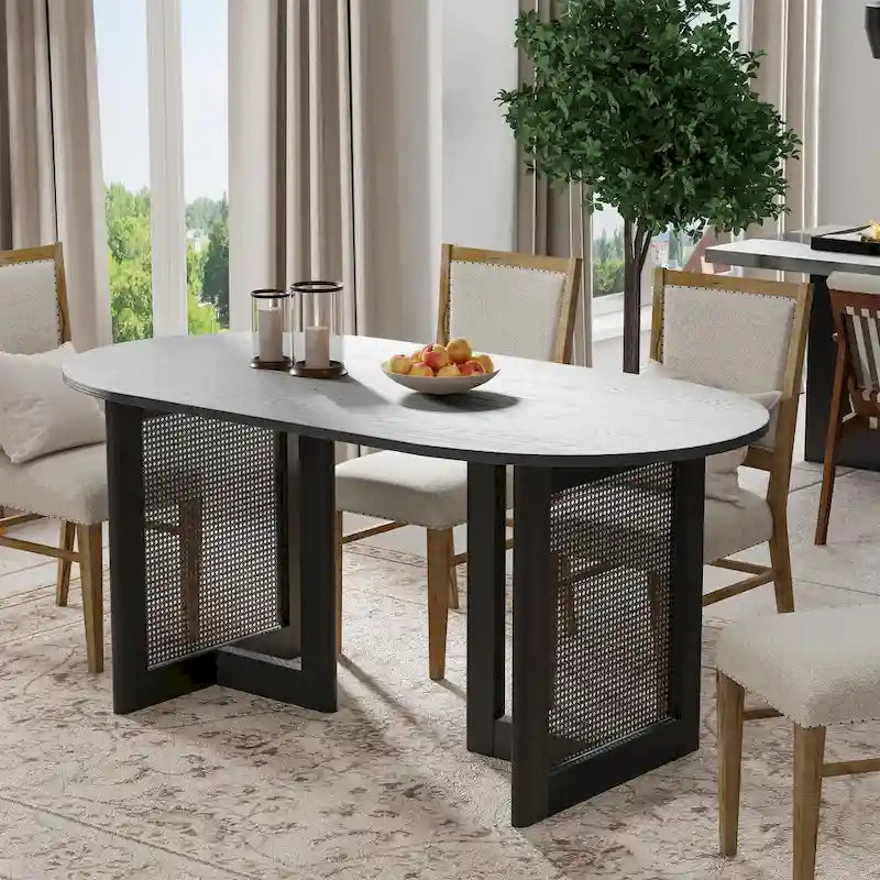 Tavolo da pranzo in rovere con doppio piedistallo, nero, 4-6 posti