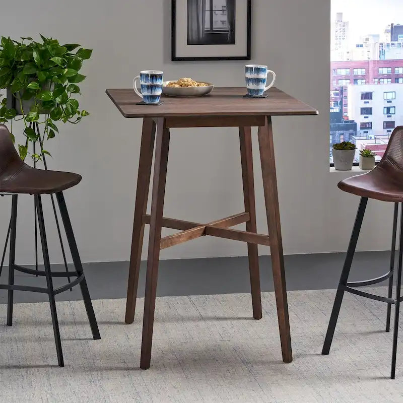 Tavolo da Pranzo Alto 42 con Gambe in Legno di Gomma e Piano in Laminato in Stile Moderno