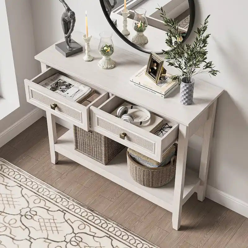 Consolle in Rattan Bianco Grigio con 2 Cassetti, Montaggio per 1 Persona