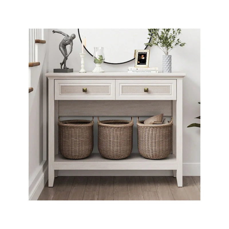 Consolle in Rattan Bianco Grigio con 2 Cassetti, Montaggio per 1 Persona
