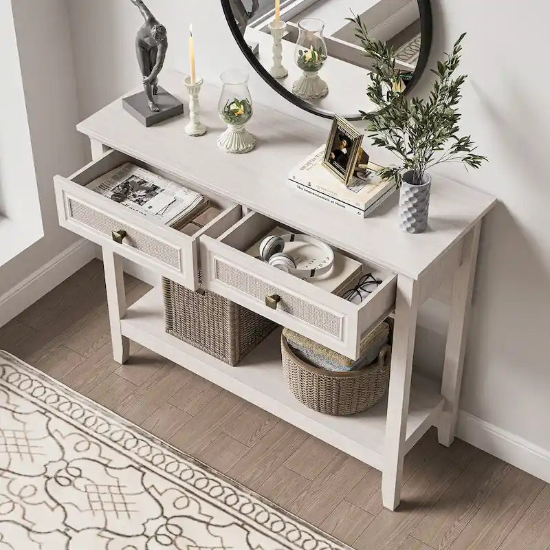 Consolle in Rattan Bianco Grigio con 2 Cassetti, Montaggio per 1 Persona