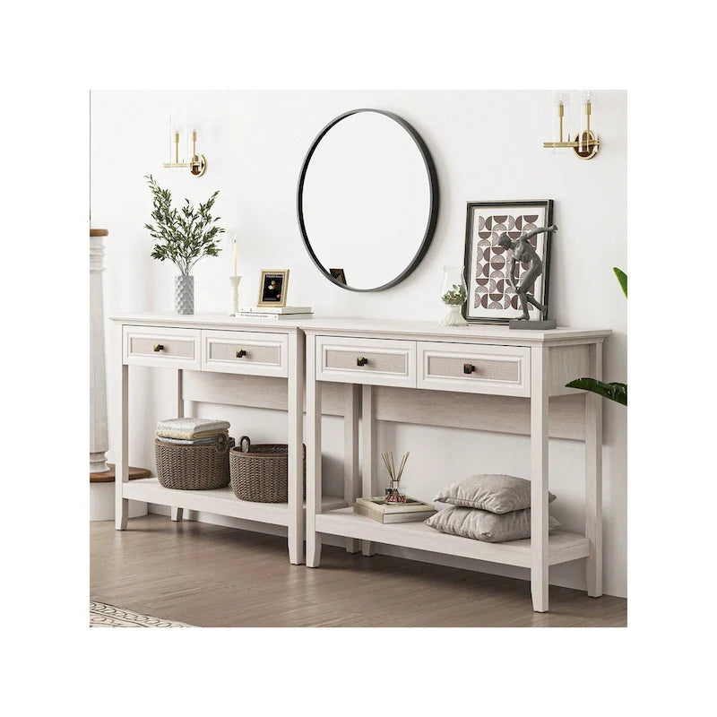 Consolle in Rattan Bianco Grigio con 2 Cassetti, Montaggio per 1 Persona