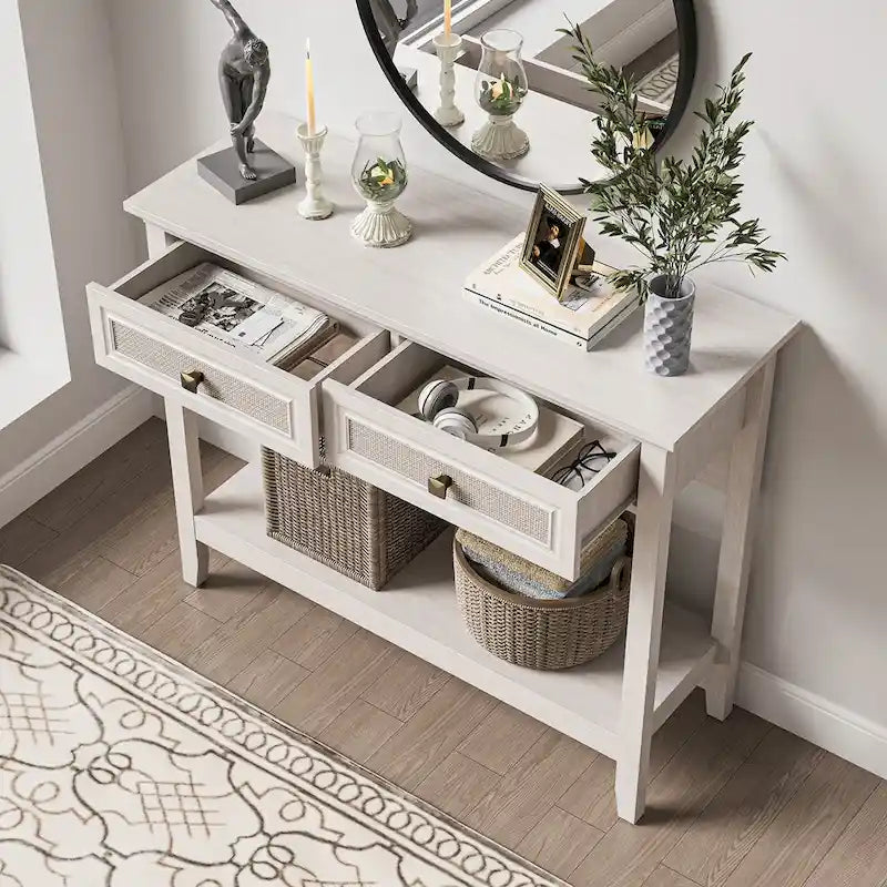 Consolle in Rattan Bianco Grigio con 2 Cassetti, Montaggio per 1 Persona