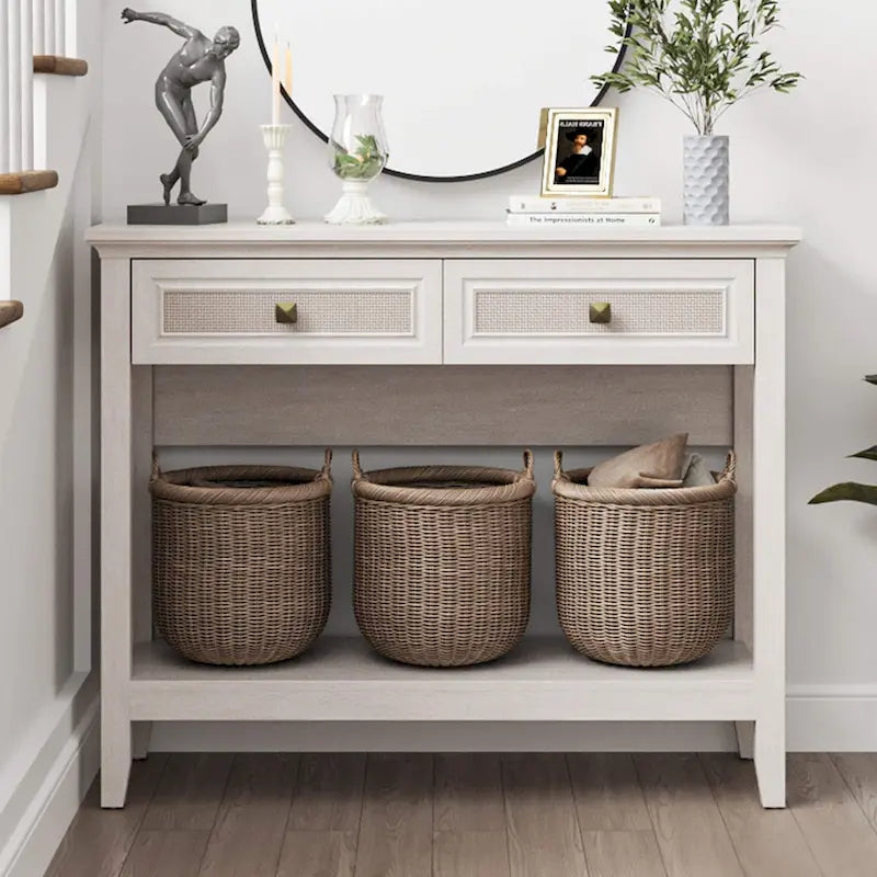 Consolle in Rattan Bianco Grigio con 2 Cassetti, Montaggio per 1 Persona