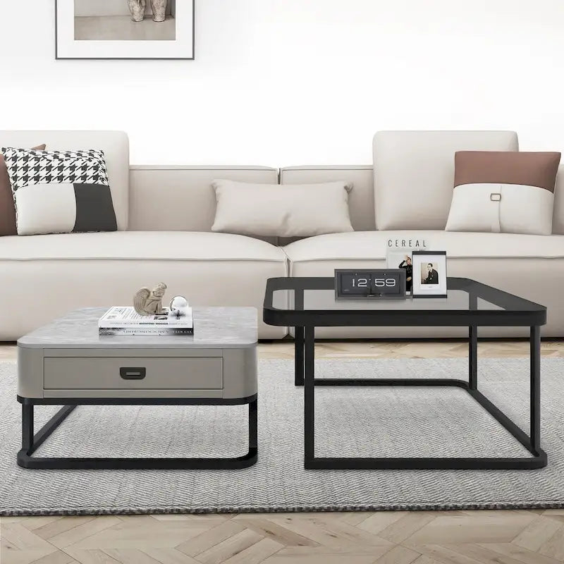 Set di 2 tavolini da caffè quadrati incrociati con cassetto color grigio
