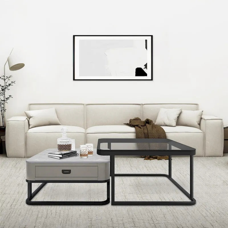 Set di 2 tavolini da caffè quadrati incrociati con cassetto color grigio