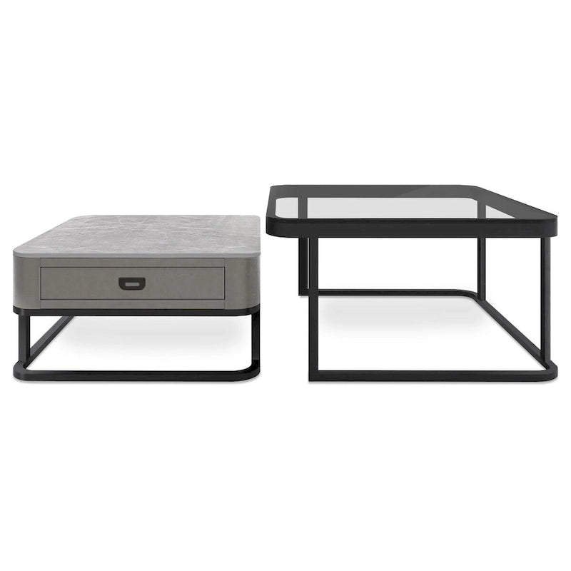 Set di 2 tavolini da caffè quadrati incrociati con cassetto color grigio