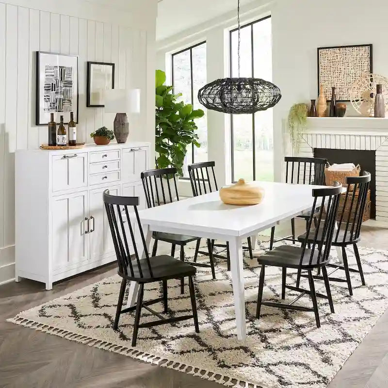Set da pranzo rettangolare per 7 persone, bianco e nero, stile rustico